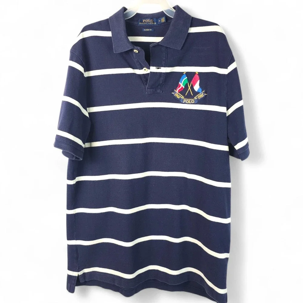 Polo Ralph Lauren Shirt Mens Medium Cross Flags Classic Fit Navy Blue Striped